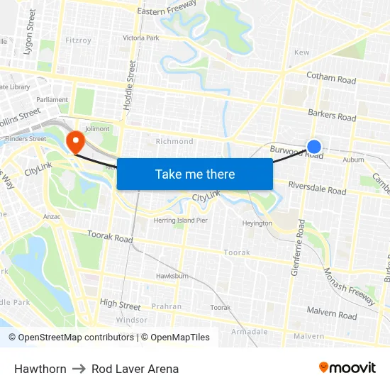 Hawthorn to Rod Laver Arena map