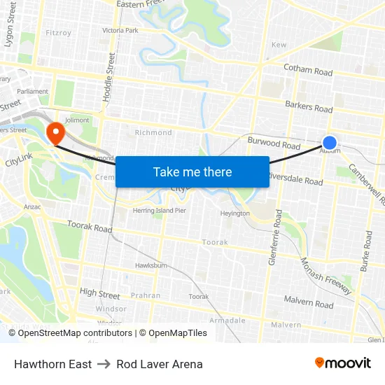 Hawthorn East to Rod Laver Arena map