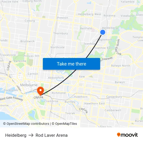 Heidelberg to Rod Laver Arena map