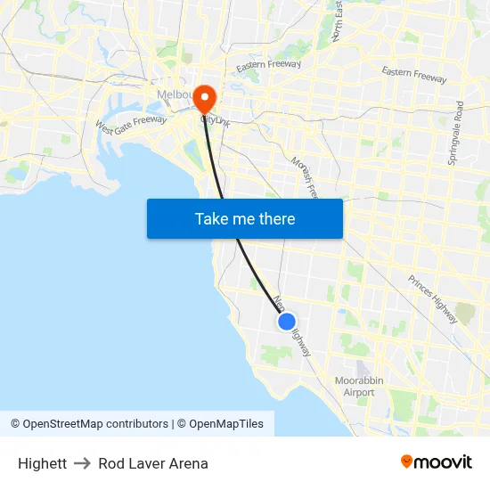 Highett to Rod Laver Arena map