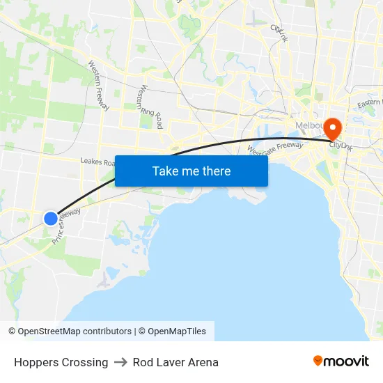 Hoppers Crossing to Rod Laver Arena map