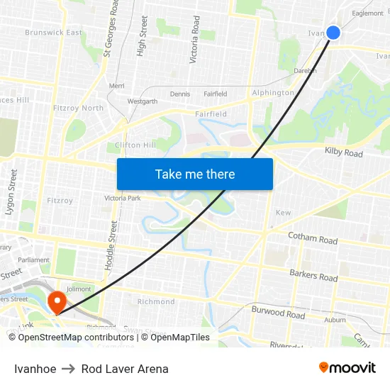Ivanhoe to Rod Laver Arena map