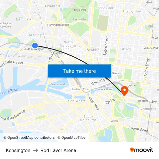 Kensington to Rod Laver Arena map