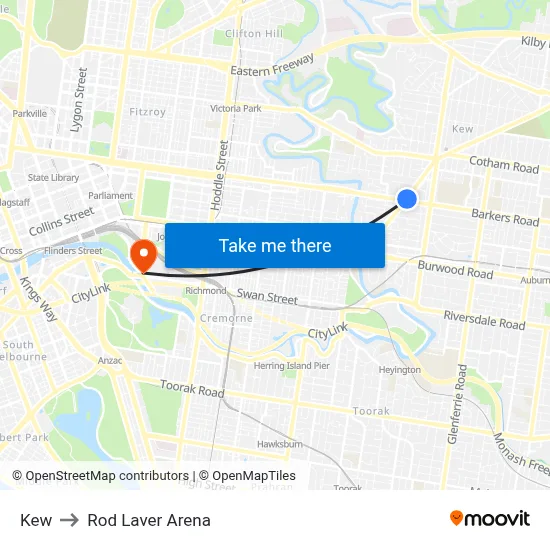 Kew to Rod Laver Arena map