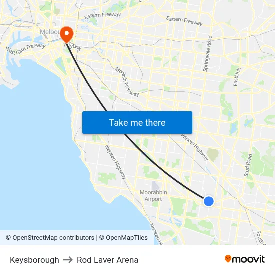 Keysborough to Rod Laver Arena map