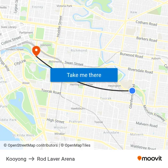 Kooyong to Rod Laver Arena map