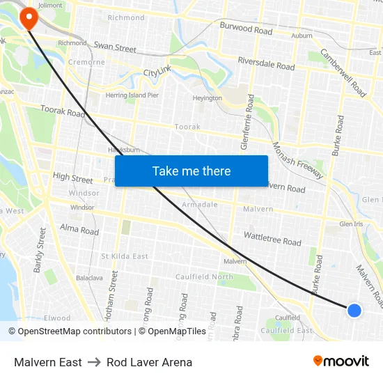 Malvern East to Rod Laver Arena map