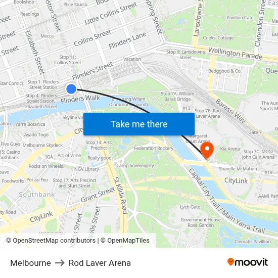 Melbourne to Rod Laver Arena map
