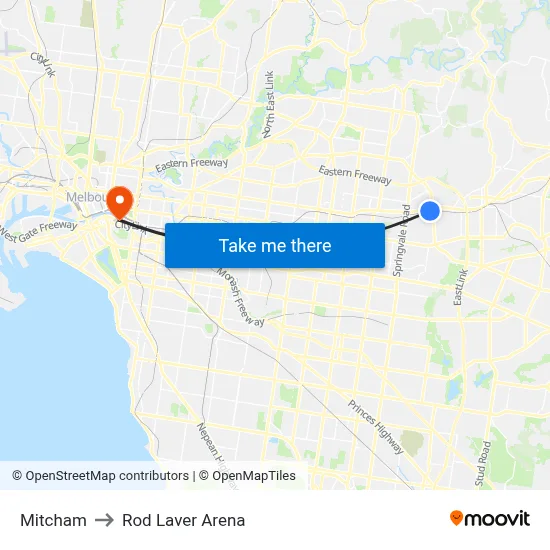 Mitcham to Rod Laver Arena map