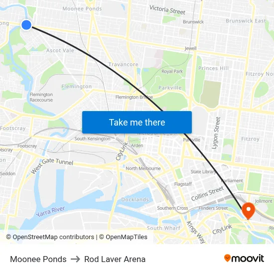Moonee Ponds to Rod Laver Arena map