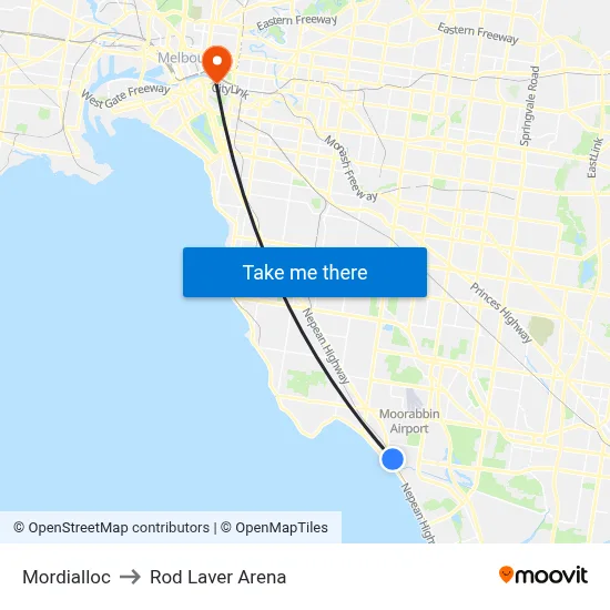 Mordialloc to Rod Laver Arena map