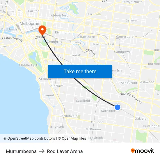 Murrumbeena to Rod Laver Arena map