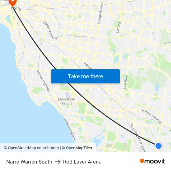 Narre Warren South to Rod Laver Arena map