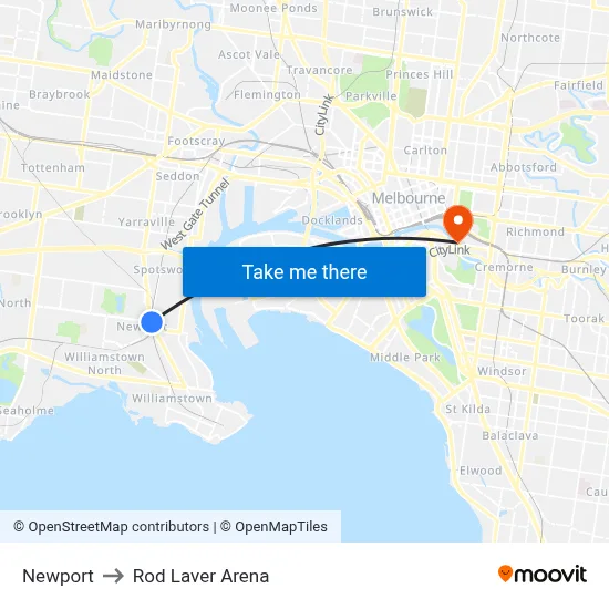 Newport to Rod Laver Arena map