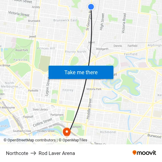 Northcote to Rod Laver Arena map