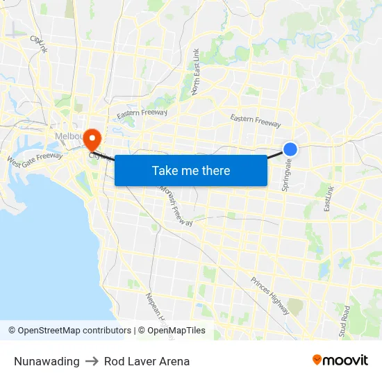 Nunawading to Rod Laver Arena map