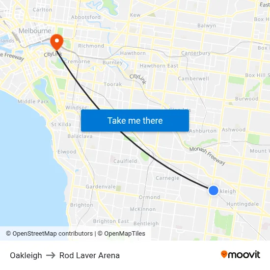 Oakleigh to Rod Laver Arena map