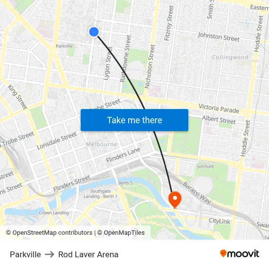 Parkville to Rod Laver Arena map
