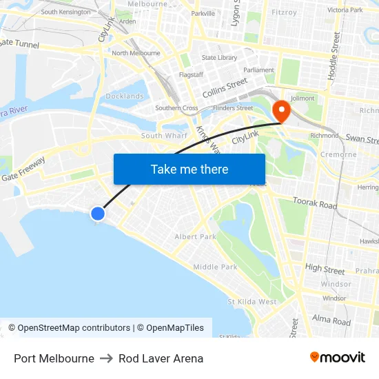 Port Melbourne to Rod Laver Arena map