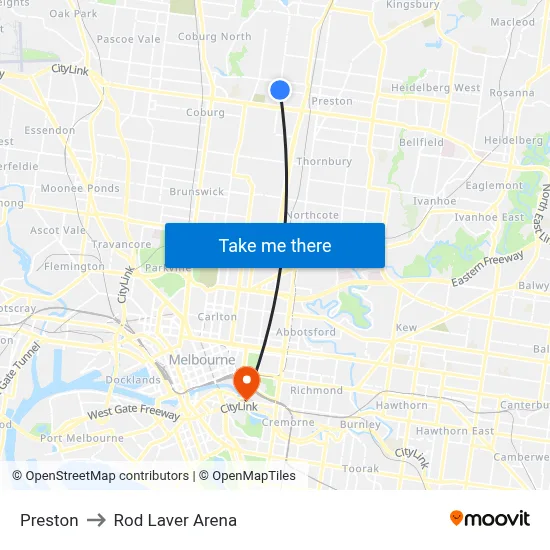 Preston to Rod Laver Arena map