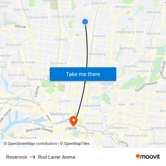 Reservoir to Rod Laver Arena map