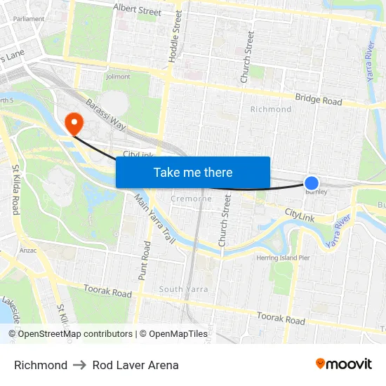 Richmond to Rod Laver Arena map