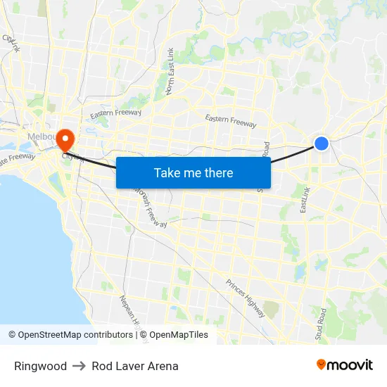 Ringwood to Rod Laver Arena map