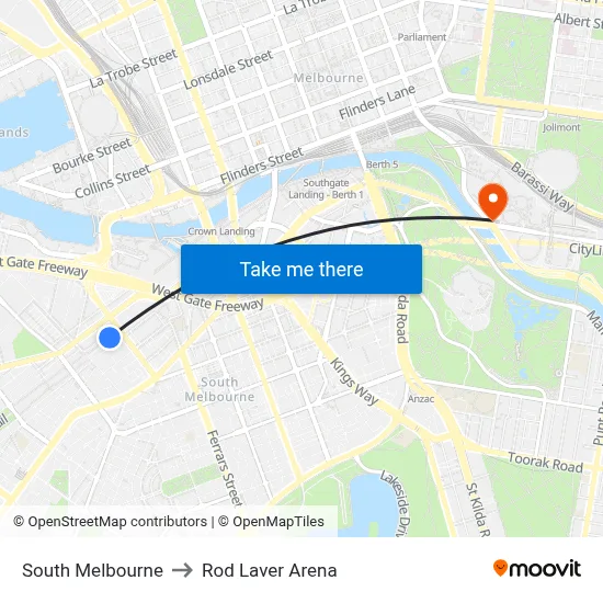 South Melbourne to Rod Laver Arena map