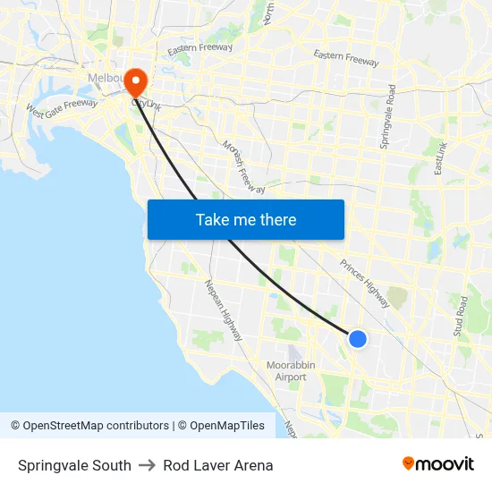 Springvale South to Rod Laver Arena map