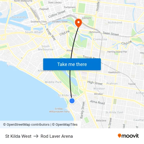 St Kilda West to Rod Laver Arena map