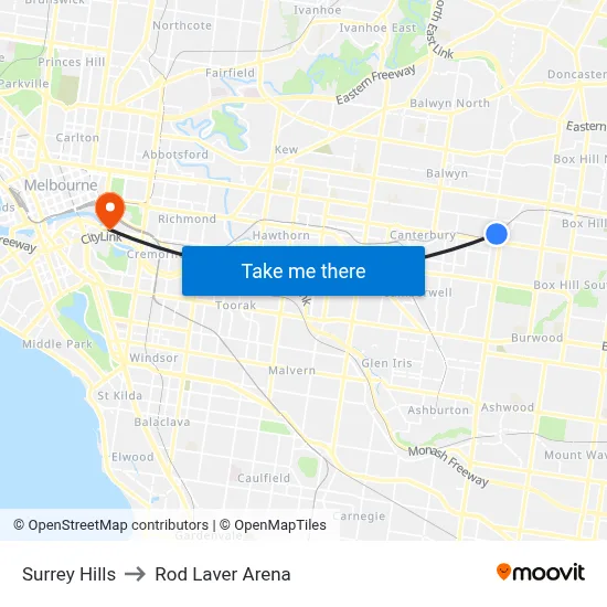 Surrey Hills to Rod Laver Arena map