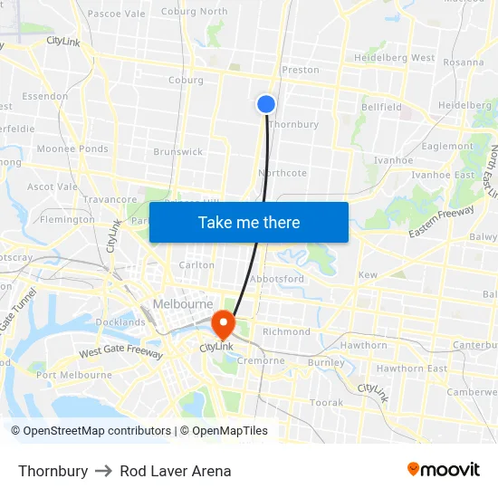 Thornbury to Rod Laver Arena map