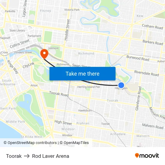 Toorak to Rod Laver Arena map