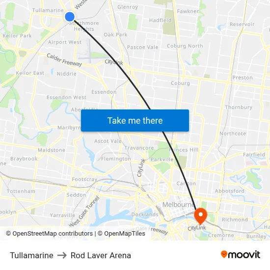 Tullamarine to Rod Laver Arena map