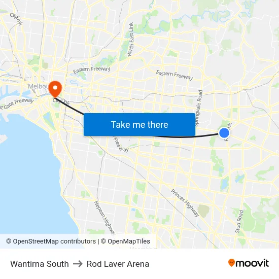 Wantirna South to Rod Laver Arena map