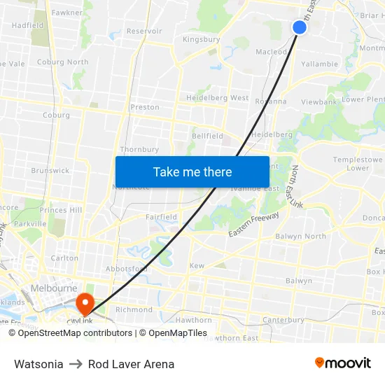 Watsonia to Rod Laver Arena map