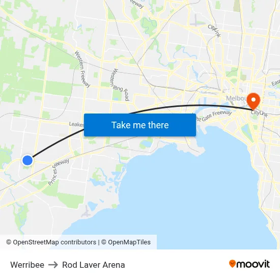 Werribee to Rod Laver Arena map