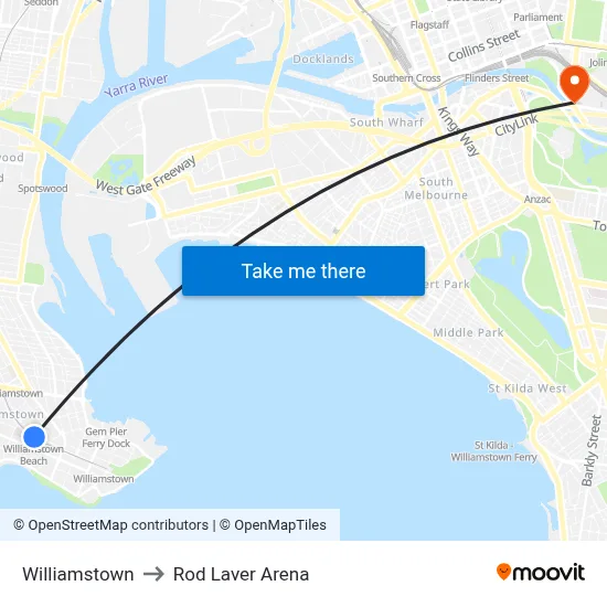 Williamstown to Rod Laver Arena map