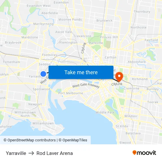 Yarraville to Rod Laver Arena map