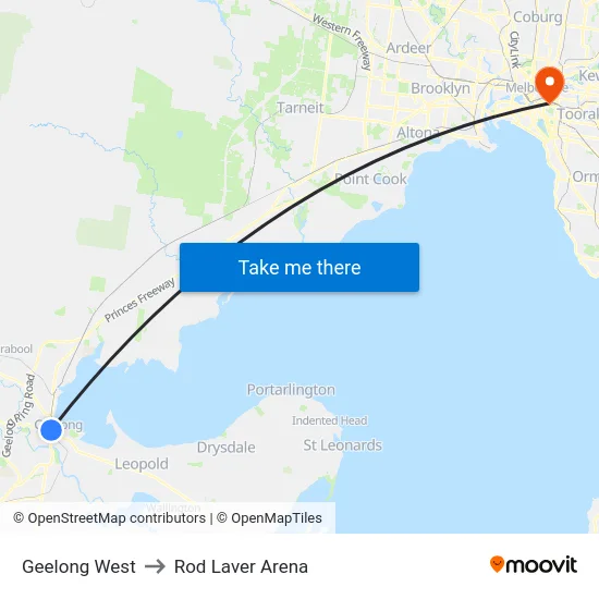 Geelong West to Rod Laver Arena map