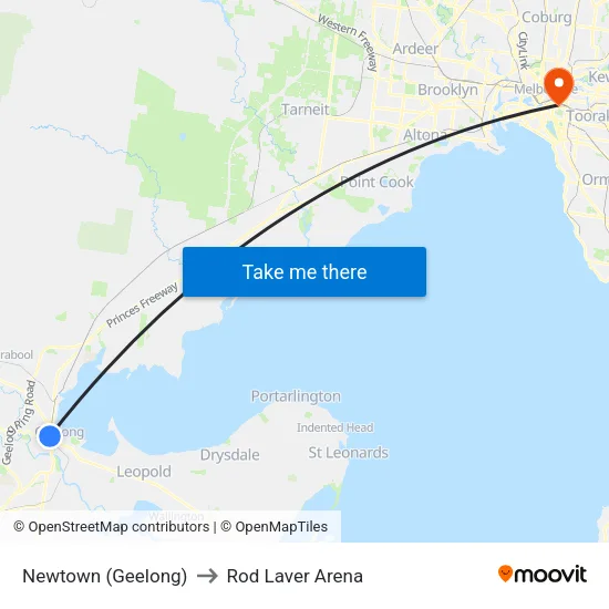 Newtown (Geelong) to Rod Laver Arena map