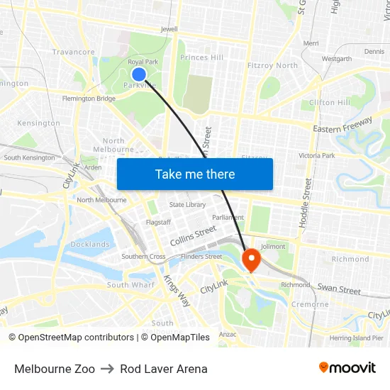 Melbourne Zoo to Rod Laver Arena map