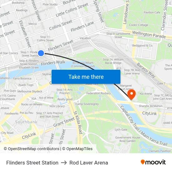 Flinders Street Station to Rod Laver Arena map