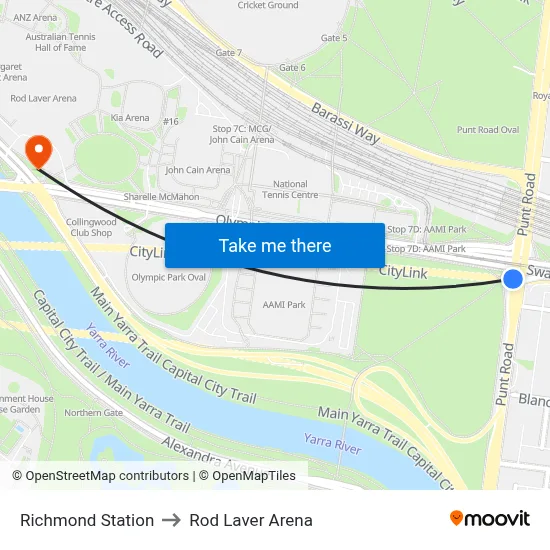 Richmond Station to Rod Laver Arena map