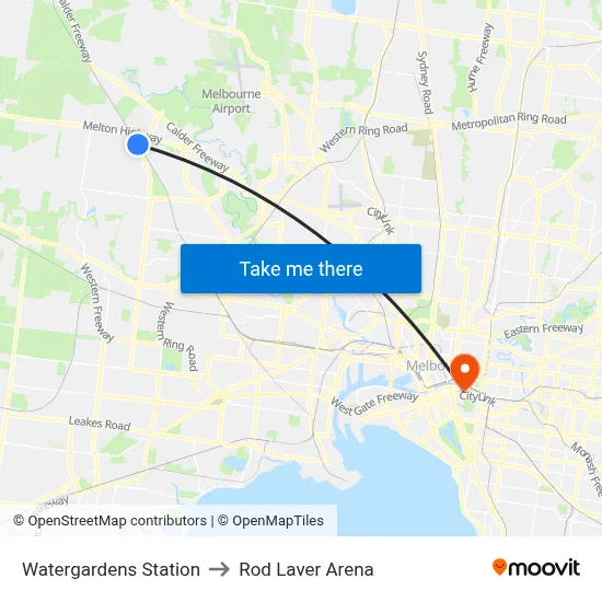 Watergardens Station to Rod Laver Arena map