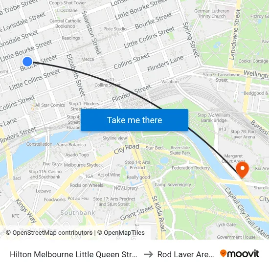 Hilton Melbourne Little Queen Street to Rod Laver Arena map