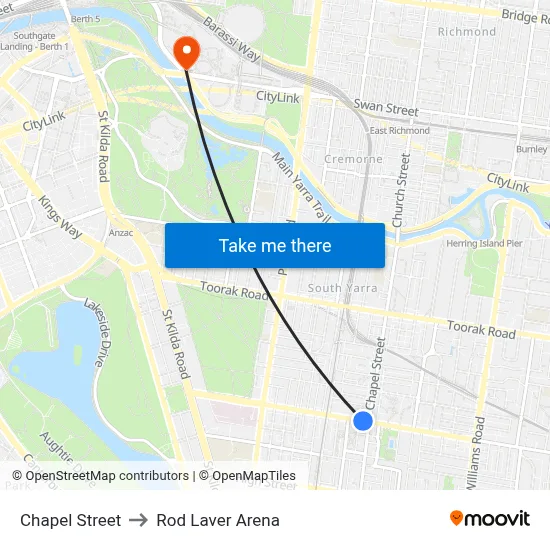 Chapel Street to Rod Laver Arena map