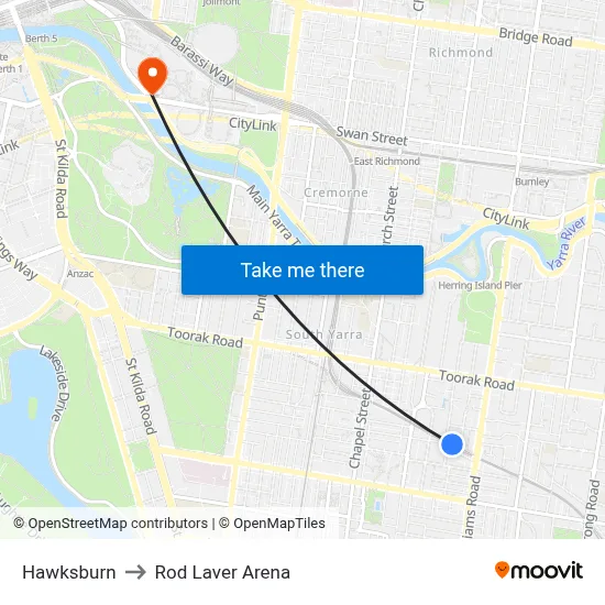 Hawksburn to Rod Laver Arena map