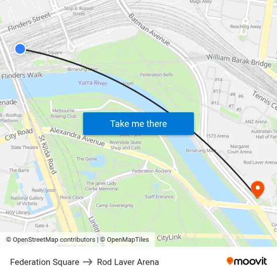 Federation Square to Rod Laver Arena map