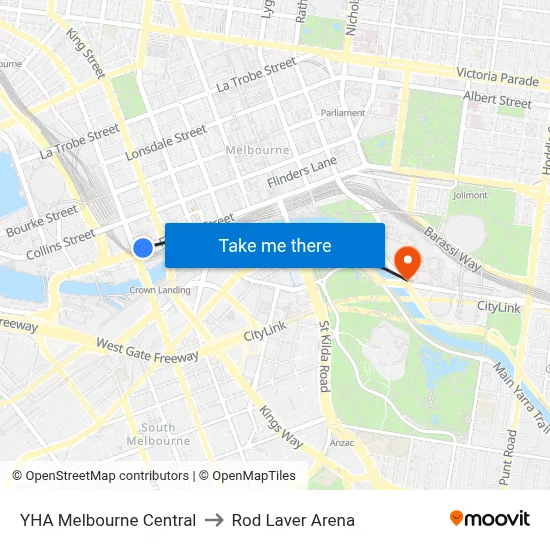 YHA Melbourne Central to Rod Laver Arena map